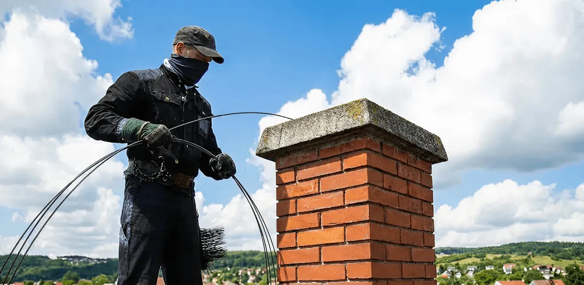 Chimney sweep cleaning a brick chimney with professional tools in Toledo, OH